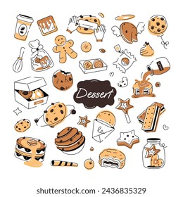 Keks im Doodle-Stil, der verschiedene Arten von Backwaren und Süßwaren darstellt 