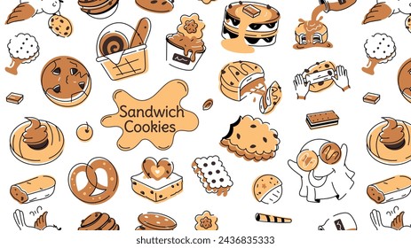 Doodle style cookie depicting various types of bakery food and confectionery items 