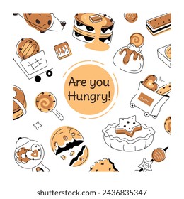 Doodle style cookie depicting various types of bakery food and confectionery items 