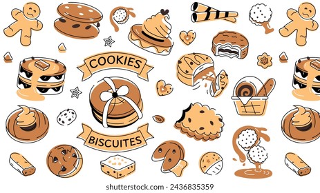 Doodle style cookie depicting various types of bakery food and confectionery items 