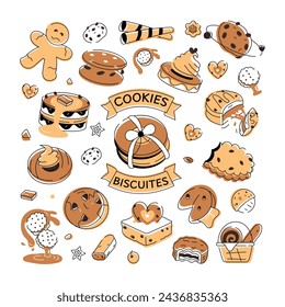 Doodle style cookie depicting various types of bakery food and confectionery items 