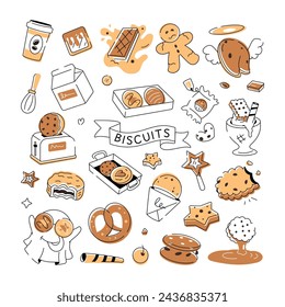 Galleta de estilo Doodle que representa varios tipos de alimentos de panadería y artículos de confitería 