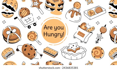 Doodle style cookie depicting various types of bakery food and confectionery items 