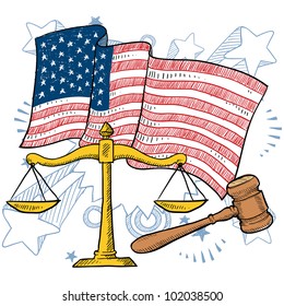 Doodle style courtroom objects including gavel and scales of justice in front of a patriotic American flag background.