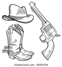 Doodle Style Cowboy Objects Illustration In Vector Format Including Gun, Hat And Boots