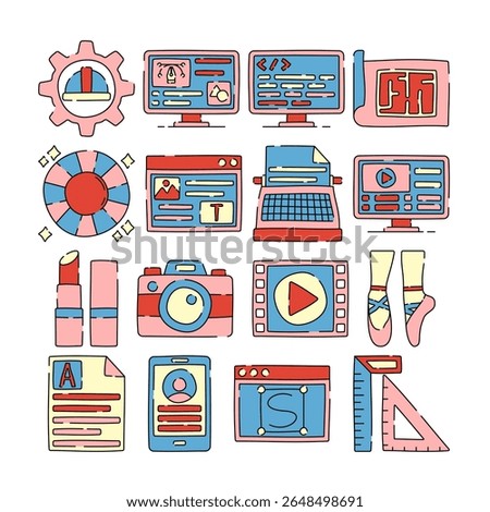 Doodle style creative occupation icons including media, writing, design, photography, coding, and dance. Perfect for portfolios, web design, and artistic content.
