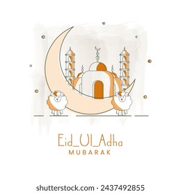 Doodle Style Crescent Moon with Mosque and Two Cartoon Sheep illustration For Eid-Al-Adha Mubarak.