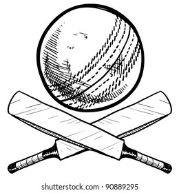 Doodle style cricket sports equipment in vector format including ball and bat