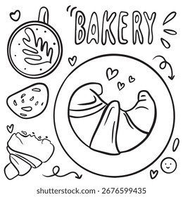 Juego de croissant y café estilo Doodle, ilustración de desayuno dibujada a mano para diseño de menú de cafetería