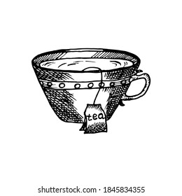 Doodle style cup of tea, hand-drawn sketch in shading. Tea day. Icon. Cozy time.