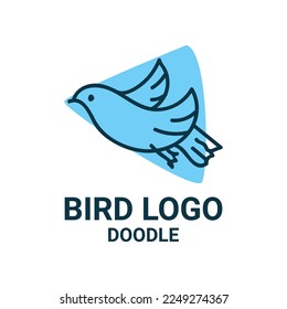 doodle style cute bird flying in triangle blue sky vector logo design