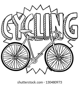 Doodle style cycling sports illustration.  Includes text and bicycle.