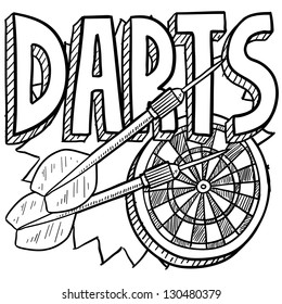 Doodle style darts sports illustration.  Includes text, dartboard, and darts.