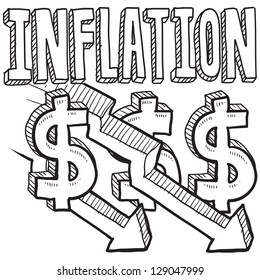 Doodle style deflation or inflation decreasing illustration in vector format.  Includes title text, along with down arrows and dollar signs.