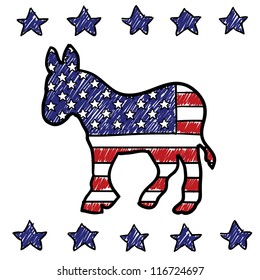 Doodle style Democratic Party donkey symbol overlaid with American flag in vector format.