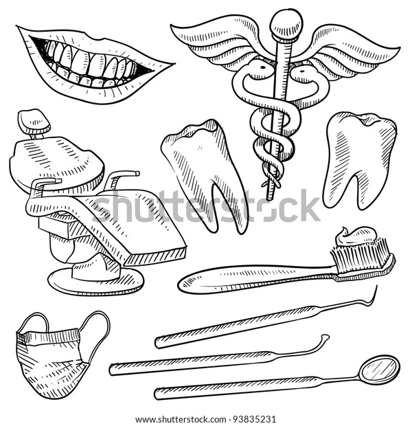 Doodle Style Dentist Equipment Sketch Vector Stock Vector (Royalty Free