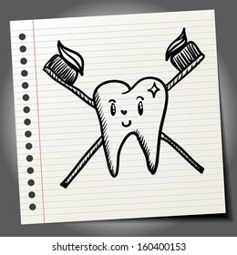 Doodle style dentist vector illustration with tooth and toothbrush