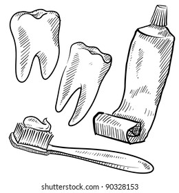 Doodle style dentist vector illustration with teeth, toothpaste, and toothbrush