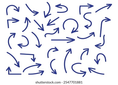 Setas de desenho de design de estilo Doodle definidas. Direção abstrata desenhada à mão do lápis ilustrada ícones.