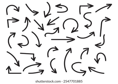 Conjunto de flechas de dibujo de diseño de estilo Doodle. Iconos ilustrados de dirección abstracta de lápiz dibujado a mano.