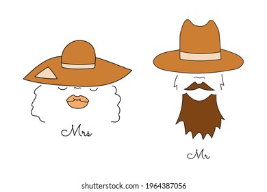 Doodle style designation of male and female toilets in the form of a woman's head in a hat and a man's head in a hat. Hand drawn icon and symbol for print, poster, sticker, card design.