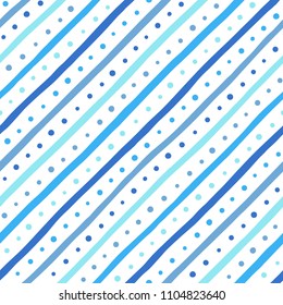 Doodle style diagonal stripes and dots seamless repeat pattern. Blue, navy colors. Uneven tilted, inclined bars, round spots background. Abstract hand drawn streaks, strips and blobs dynamic texture.