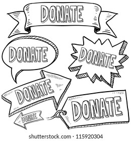 Doodle style Donate message tags, labels, banners and arrows in vector format. Can be used as an overlay, as background, or for a sticker effect on web or print materials.