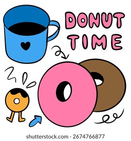Doodle estilo donuts con glaseado y taza de café ilustración
