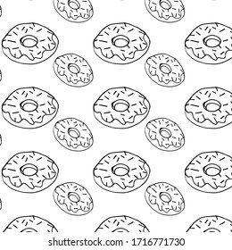 Doodle style donuts pattern vector background sketch illustration breakfast cake bakery dessert chocolate sweet design menu texture