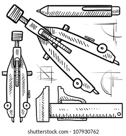 Doodle style drafting tools sketch in vector format. Set includes compass, dividers, mechanical pencil, and ruler.