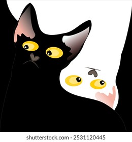 Doodle style drawing of black and white cat, head swap, happy cat character vector illustration.