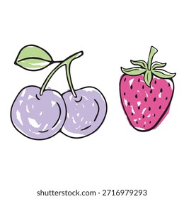 Dibujo estilo Doodle de fruta madura de fresa roja. Dos cerezas moradas con hojas verdes. Frutas orgánicas frescas. Dulces golosinas de verano. Concepto de alimentación saludable. Gráfico de bayas deliciosas.