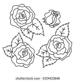 dibujos de estilo doodle, imagen lineal en negro, un conjunto de flores de rosas, aislado sobre un fondo blanco