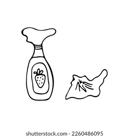 Frasco de pulverización de limpieza estilo Doodle y un paño de limpieza. Iluminación vectorial.