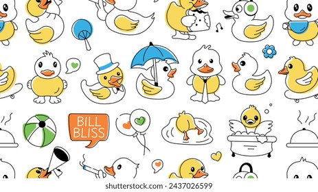 A doodle style duck background designed with funny rubber ducklings and playful goslings 