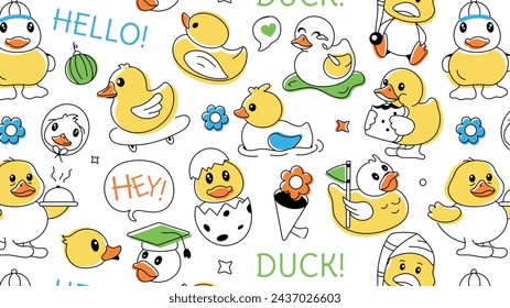 A doodle style duck background designed with funny rubber ducklings and playful goslings 