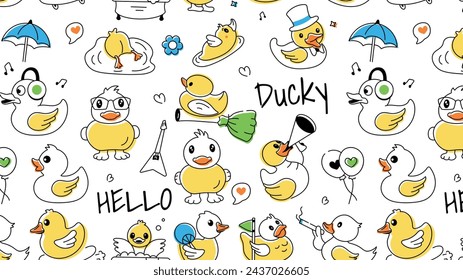 A doodle style duck background designed with funny rubber ducklings and playful goslings 