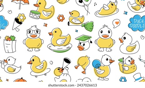 A doodle style duck background designed with funny rubber ducklings and playful goslings 