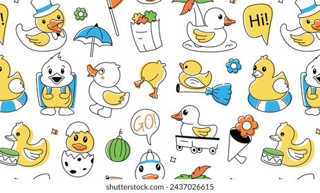 Un fondo de pato estilo garabato diseñado con divertidos patitos de goma y juguetones chismes 