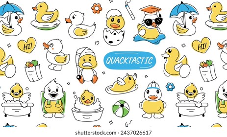 A doodle style duck background designed with funny rubber ducklings and playful goslings 