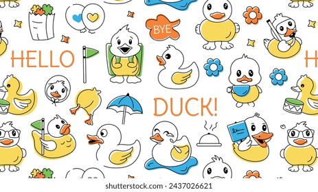 A doodle style duck background designed with funny rubber ducklings and playful goslings 