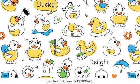 A doodle style duck background designed with funny rubber ducklings and playful goslings 