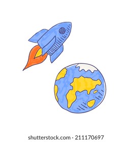 doodle style earth and rocket icons