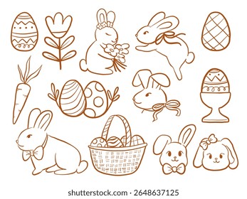 Doodle Style Easter Bunny And Egg Set. A charming set of 13 Easter doodle illustrations featuring bunnies eggs baskets flowers and festive spring elements in warm style. Perfect for card sticker