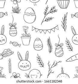 Doodle style of easter icons in seamless pattern 