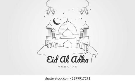 Doodle-Stil eid al adha Gruß mit Moschee, Kuh und Ziege