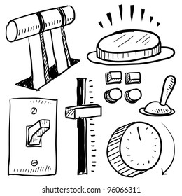 Doodle-Stromgeräte im Vektorillustration-Format.  Set beinhaltet Level, Button, Slide, Switch und Faceplate.