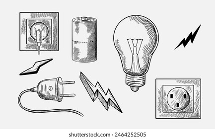 Vektorillustration im Doodle-Stil mit Stromkabel und -stecker, Glühbirne, Akku und Blitzschraube