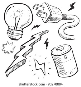 Doodle style electricity or power vector illustration with cord and plug, light bulb, battery, and lightning bolt