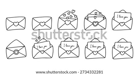 Doodle style envelopes, some open, showing love notes and heart symbols, conveying affection.